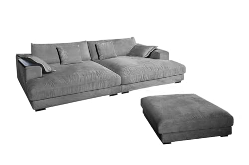 KAWOLA Big Sofa Madeline Cord grau mit Hocker / 4 Zierkissen/Armlehntablett schwarz von KAWOLA
