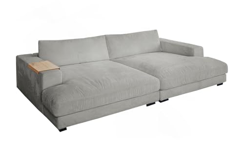 KAWOLA Big Sofa Megasofa Madeline - Couch mit Holztablett für Armlehne, Cord Hellgrau, Luxuriöse Wohnlandschaft von KAWOLA