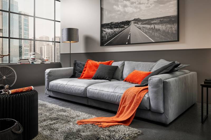 KAWOLA Big-Sofa RAINA, Couch Cord oder Leder verschiedene Farben 254x150 cm von KAWOLA