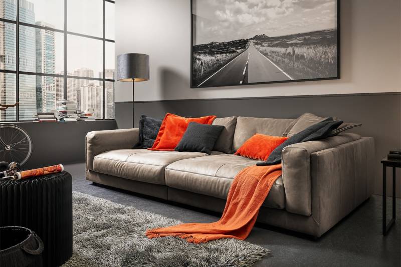 KAWOLA Big-Sofa RAINA, Couch Cord oder Leder verschiedene Farben 254x150 cm von KAWOLA