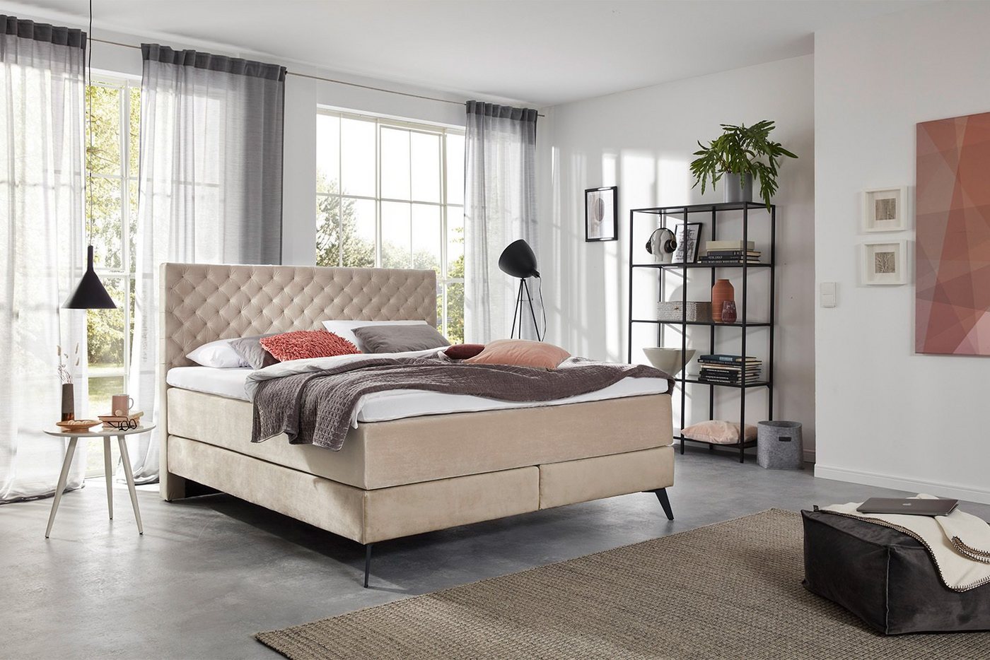 KAWOLA Boxspringbett SINDAR, Bett Stoff, versch. Farben, versch. Fußfarben, mit od. ohne Topper von KAWOLA