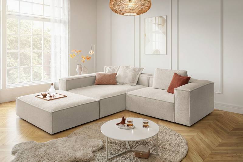 KAWOLA Ecksofa CARMO, L-Form rechts oder links mit Hocker Stoff verschiedene Farben von KAWOLA
