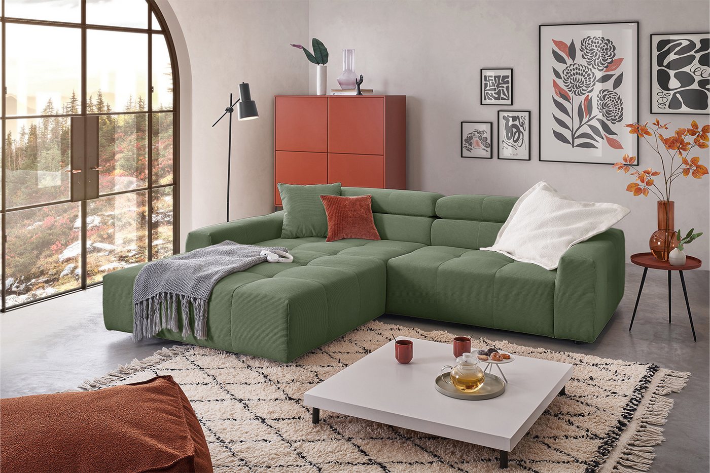 KAWOLA Ecksofa RENO, Sofa Feincord, mit od. ohne Sitzvorzug, versch. Farben von KAWOLA