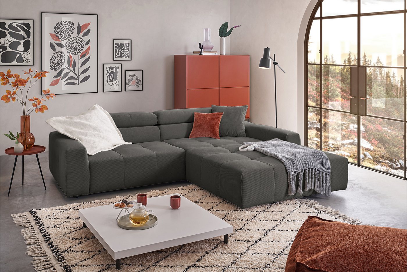 KAWOLA Ecksofa RENO, Sofa Feincord, mit od. ohne Sitzvorzug, versch. Farben von KAWOLA