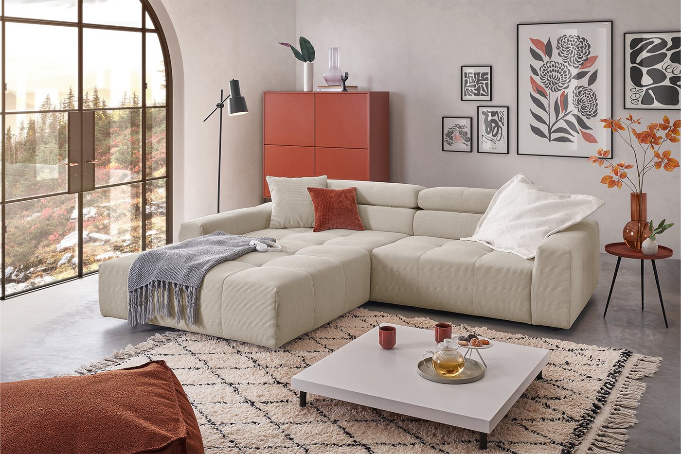 KAWOLA Ecksofa RENO, Sofa Feincord, mit od. ohne Sitzvorzug, versch. Farben von KAWOLA