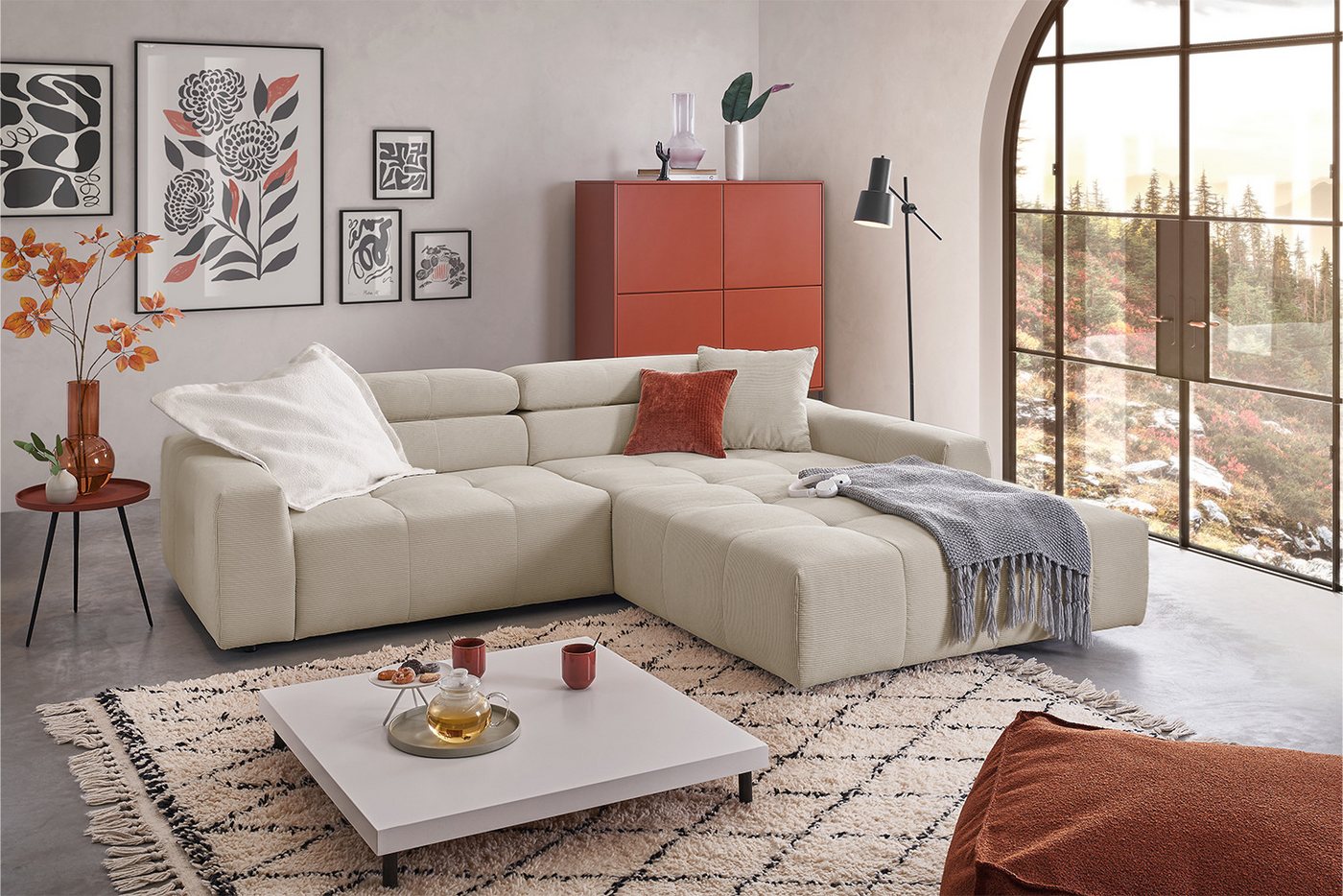 KAWOLA Ecksofa RENO, Sofa Feincord, mit od. ohne Sitzvorzug, versch. Farben von KAWOLA