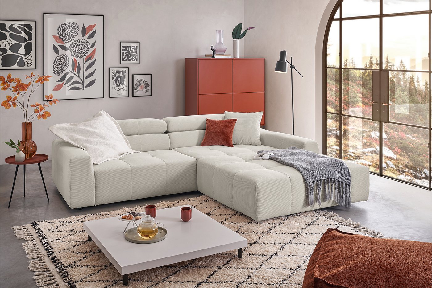 KAWOLA Ecksofa RENO, Sofa Feincord, mit od. ohne Sitzvorzug, versch. Farben von KAWOLA