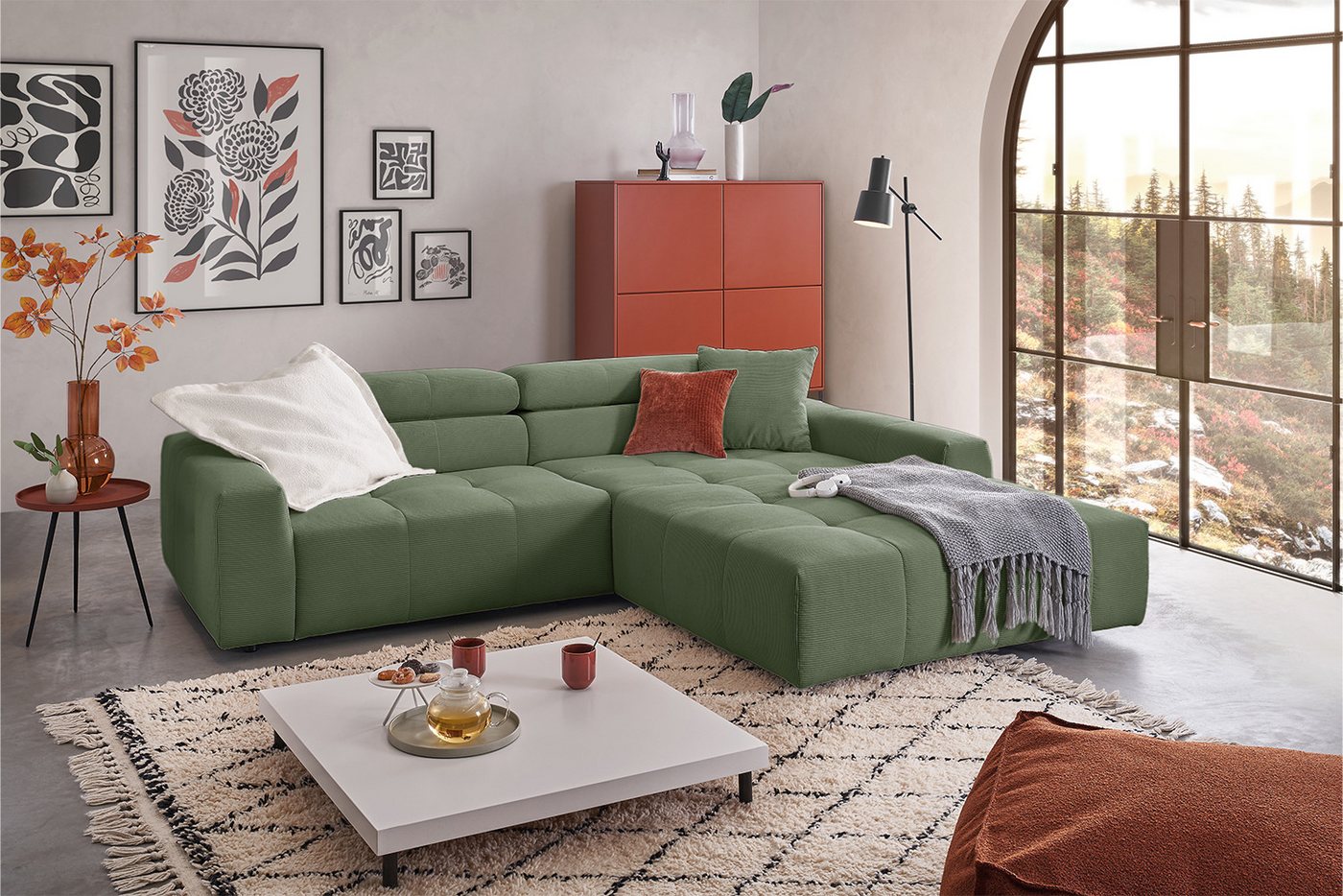 KAWOLA Ecksofa RENO, Sofa Feincord, mit od. ohne Sitzvorzug, versch. Farben von KAWOLA