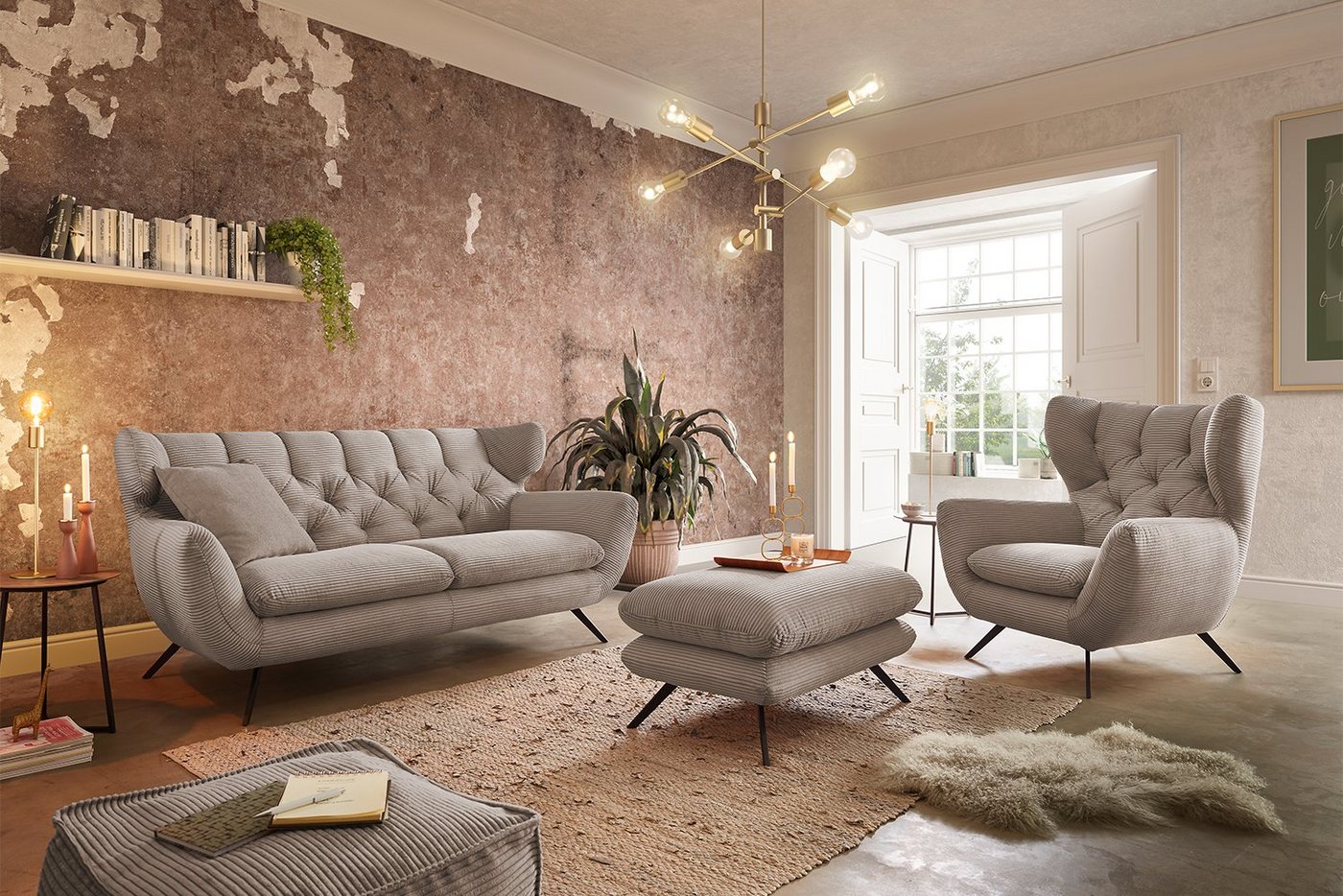 KAWOLA Sitzgruppe CHARME, (Set, 3-tlg), Sofa Sessel Hockerbank Cord verschiedene Farben von KAWOLA
