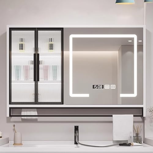KAXLDHH Badezimmerschrank Mit LED-Licht, Spiegelschrank Bad Fürs Badezimmer Mit Spiegel, Badezimmerspiegel Mit Aluminiumrahmen, Badezimmerschränke Aus Massivholz Mit 3 Lichtfarben(60CM/23.6IN) von KAXLDHH