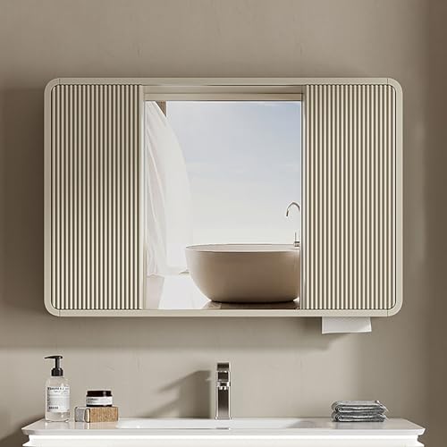 KAXLDHH Badezimmerschrank Mit Stauraum, Badezimmerschränke Aus Massivholz, Spiegelschränke Badezimmer Spiegelschrank Aus Aluminium Mit LED-Licht(Beige,110CM/43.3IN) von KAXLDHH