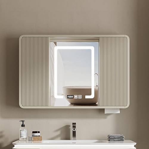 KAXLDHH Badezimmerschrank Mit Stauraum, Spiegelschrank Aus Massivholz Mit Antibeschlagschutz, Badezimmer Spiegelschrank Aus Aluminium Mit LED-Licht Für Modernen Landhausstil(Beige,90CM/35.4IN) von KAXLDHH