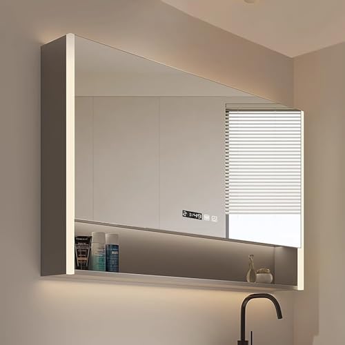 KAXLDHH Badezimmerspiegel Mit Stauraum, Badezimmerschrank Mit Antibeschlag, Spiegelschrank Bad Mit Aluminiumrahmen Und LED-Licht, Badezimmerschränke Mit 3 Lichtfarben(90CM/35.4IN) von KAXLDHH