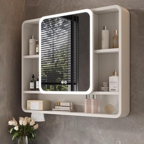 KAXLDHH LED-Badezimmerspiegel Mit Stauraum, Spiegelschrank Wandmontage, Aluminiumrahmen Badezimmerschrank, Massivholz-Badezimmerschränke Mit Antibeschlag(100CM/39.3IN) von KAXLDHH