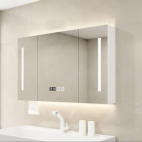KAXLDHH LED Spiegelschrank Mit Antibeschlagschutz, Badezimmer Spiegelschrank Aus Massivholz Mit LED-Licht, Aluminiumrahmen Wandschrank Für Modernen Landhausstil(Wit,90CM/35.4IN) von KAXLDHH