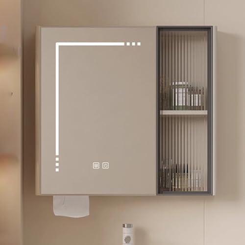 KAXLDHH LED-spiegelschrank, Massivholz Badezimmerschrank Mit Antibeschlag, Badezimmerschränke Mit Dimmfunktion, HD-Badezimmerspiegel Mit Stauraum Für Über Dem Waschbecken(Brown,65CM/25.5IN) von KAXLDHH