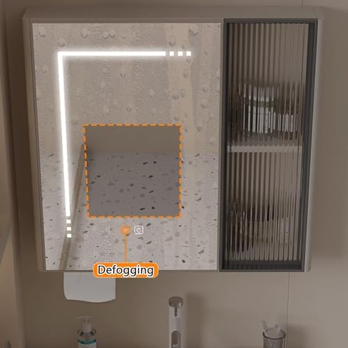 KAXLDHH LED-spiegelschrank, Massivholz Badezimmerschrank Mit Antibeschlag, Badezimmerschränke Mit Dimmfunktion, HD-Badezimmerspiegel Mit Stauraum Für Über Dem Waschbecken(Gray,55CM/21.6IN) von KAXLDHH