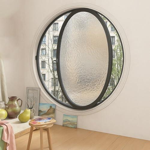 KAXLDHH Rundfenster Aus Aluminiumrahmen, Drehflügelfenster Gehärtetem Glas, 360° Drehbarer Drehflügel, Ersatz-Lüftungsfenster Mit Griff Für Bad, Küche, Wohnzimmer(Water Ripple Black,60cm/23.6in) von KAXLDHH
