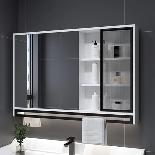 KAXLDHH Spiegelschrank Bad Mit Spiegel, Badezimmerschrank, Badezimmerspiegel, Badezimmerschränke Aluminiumrahmen Und Handtuchhalter, Badschrank Badezimmerschrank Hängend(Wit,110CM/43.3IN) von KAXLDHH