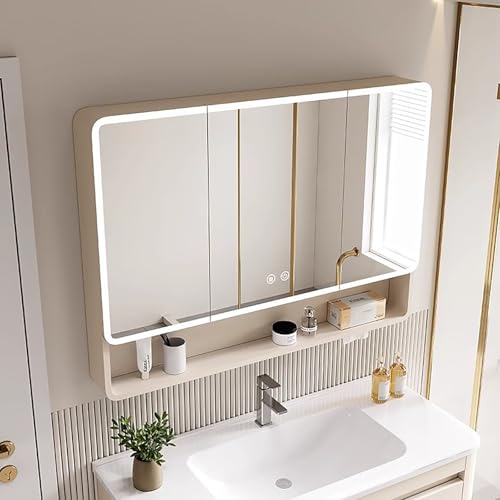 KAXLDHH Spiegelschrank Bad Mit Spiegel, Badezimmerschrank Aus Aluminium Mit Antibeschlag, Badschrank Aus Massivholz Mit LED-Licht, Badezimmerschränke Mit Dimmen(Wit,110CM/43.3IN) von KAXLDHH