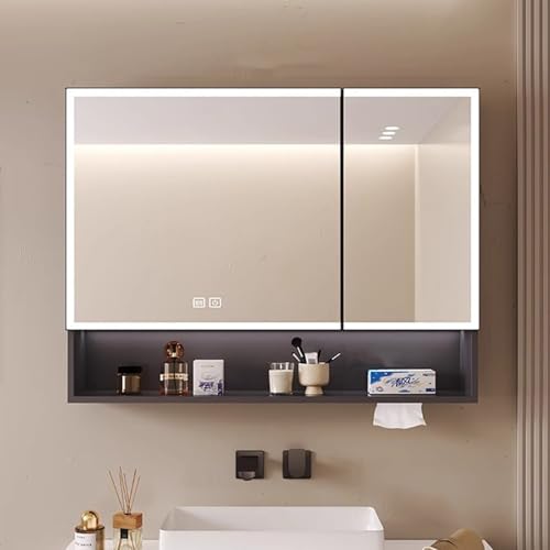 KAXLDHH Spiegelschrank Mit LED-Licht, Badezimmerschrank Mit Spiegel, Spiegelschrank Bad Mit Stauraum, Badschrank Aus Massivholz Mit 3 Lichtfarben Mit Antibeschlag(Gray,70CM/27.5IN) von KAXLDHH