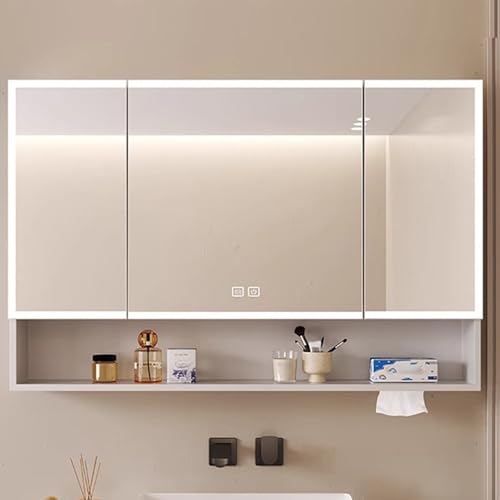 KAXLDHH Spiegelschrank Mit LED-Licht, Badezimmerschrank Mit Spiegel, Spiegelschrank Bad Mit Stauraum, Badschrank Aus Massivholz Mit 3 Lichtfarben Mit Antibeschlag(Wit,120CM/47.2IN) von KAXLDHH