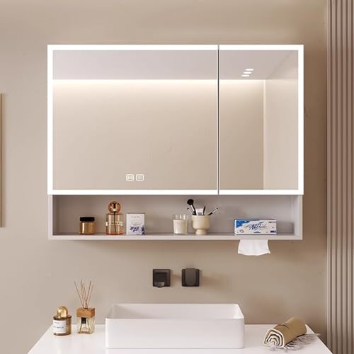 KAXLDHH Spiegelschrank Mit LED-Licht, Badezimmerschrank Mit Spiegel, Spiegelschrank Bad Mit Stauraum, Badschrank Aus Massivholz Mit 3 Lichtfarben Mit Antibeschlag(Wit,60CM/23.6IN) von KAXLDHH