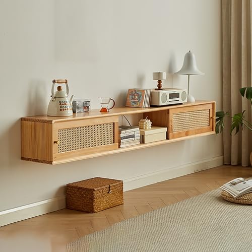 Schwebender TV Schrank, Schwebendes TV Lowboard Mit Türen, Wandmontierte Fernsehschrank Aus Holz, Hängend Fernsehtisch Für Kabelbox Und Spielkonsole(Natural,150x25x25cm) von KAXLDHH