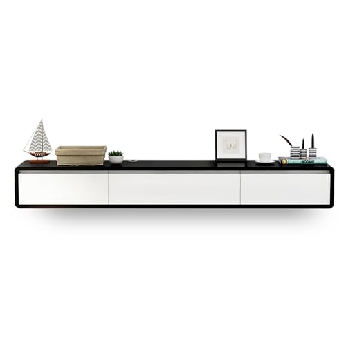 Schwebender TV Schrank, Wandmontierte TV Lowboard, Fernsehschrank, Holz-Fernsehtisch Mit Klapptüren Und Schubladen, Medienkonsole Für Kabelbox Und Spielkonsole(White Black,200x24x20cm) von KAXLDHH