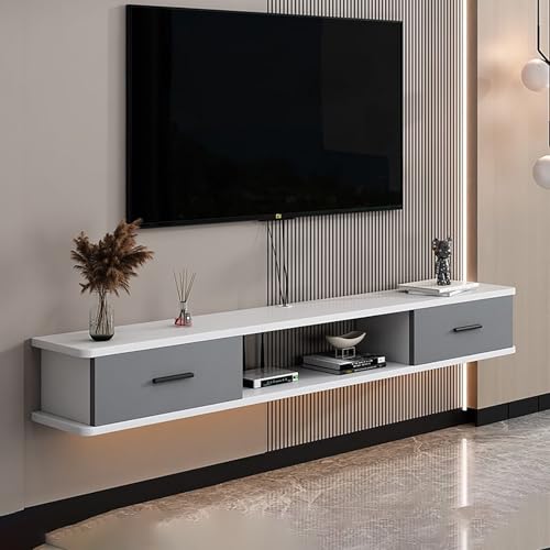 Schwebender TV-Ständer, Wandmontierte Medienkonsole, TV Schrank, Holz Fernsehschrank Mit Klapptüren Und Schubladen, Fernsehtisch Für Kabelbox Und Spielkonsole(Gray White,160x22x20cm) von KAXLDHH