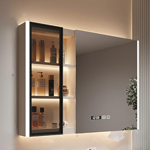 Spiegelschrank Bad LED-Licht, Badezimmerschrank Mit Spiegel, Badezimmerspiegel Aus Aluminium Mit Aufbewahrung, Badezimmerschränke Aus Massivholz, Badezimmerschrank Hängend(110CM/43.3IN) von KAXLDHH