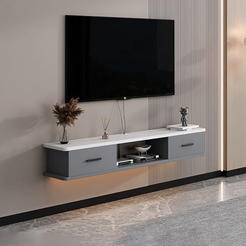 Wandmontierte TV Schrank, Schwebender TV Lowboard Mit Klapptüren, Hängend Fernsehschrank, Holz Fernsehtisch Medienkonsole Für Kabelbox Und Spielkonsole(Gray-White,100x22x20cm) von KAXLDHH