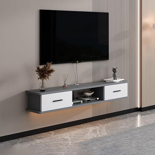 Wandmontierte TV Schrank, Schwebender TV Lowboard Mit Klapptüren, Hängend Fernsehschrank, Holz Fernsehtisch Medienkonsole Für Kabelbox Und Spielkonsole(White-Gray,140x22x20cm) von KAXLDHH