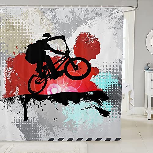 KAYAMU Duschvorhang 180x180 Fahrrad, Wasserdicht Anti Schimmel Duschvorhänge 3D Mountainbike, Shower Curtains Waschbar mit 12 Ringe, Duschrollo für Badewanne, Dusche Badezimmer von KAYAMU