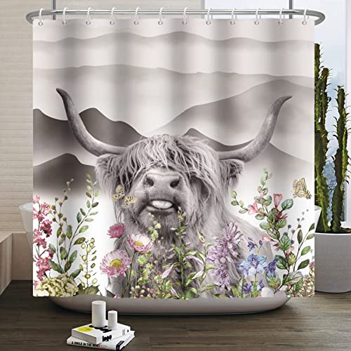 KAYAMU Duschvorhang 180x180 Graues Hochlandrind, Wasserdicht Anti Schimmel Duschvorhänge 3D Kuh-Druck, Shower Curtains Waschbar mit 12 Ringe, Duschrollo für Badewanne, Dusche Badezimmer von KAYAMU