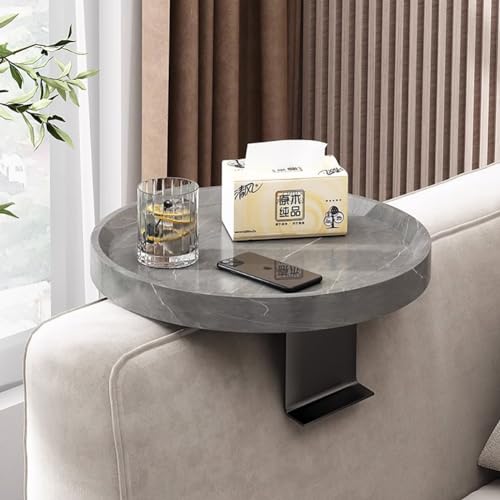 KAYBTNT Sofatablett Armlehne Ø 30cm, Rund Holz Couch Tablett Getränkehalter mit Metallständer, Einstellbar rutschfest Sofa Tablett für Fernbedienung, Getränke, Ablage, Telefon,Grau von KAYBTNT