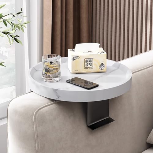 KAYBTNT Sofatablett Armlehne Ø 30cm, Rund Holz Couch Tablett Getränkehalter mit Metallständer, Einstellbar rutschfest Sofa Tablett für Fernbedienung, Getränke, Ablage, Telefon,Weiß von KAYBTNT