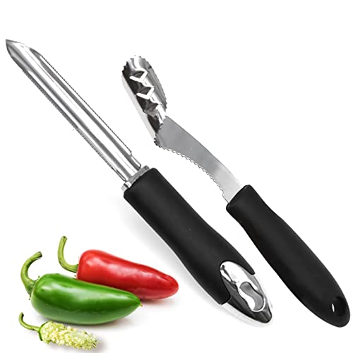 Jalapeño Pfefferentkerner aus Edelstahl, 2er-Set mit gezackter Klinge und Gummigriff – Kernentkerner für Jalapeños, Chilis, Paprika, Zucchini & Gurke von KAYCROWN