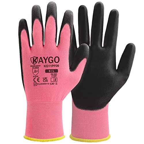 KAYGO 12 Paar Arbeitshandschuhe für Herren Damen, PU beschichtet Schutzhandschuhe, antirutsch Griff an Handflächen und Fingern, Geeignet für DIY allgemeine Arbeit Gartenarbeit (Rosa, L, Gr 9) von KAYGO