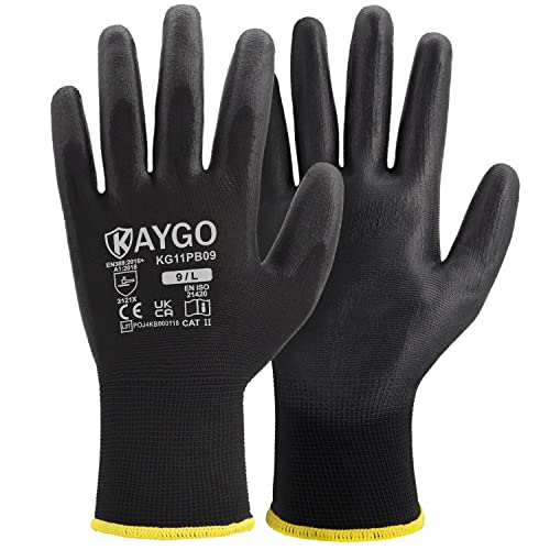 KAYGO 12 Paar Arbeitshandschuhe für Herren Damen, PU beschichtet Schutzhandschuhe, antirutsch Griff an Handflächen und Fingern, Geeignet für DIY allgemeine Arbeit Gartenarbeit (Schwarz, L, Gr 9) von KAYGO