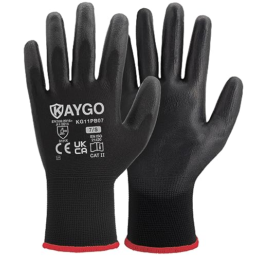 KAYGO 12 Paar Arbeitshandschuhe für Herren Damen, PU beschichtet Schutzhandschuhe, antirutsch Griff an Handflächen und Fingern, Geeignet für DIY allgemeine Arbeit Gartenarbeit (Schwarz, S, Gr 7) von KAYGO