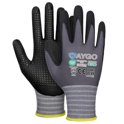 KAYGO 12 Paar Arbeitshandschuhe mit Grip Noppen für Anti-Rutsch Griff, KG19N, Nitril beschichtet Leicht Ölbestandig, Nahtlose Strick Nylon Schutzshandschuhe für Arbeit, Auto, Lager (Grau, L, Gr 9) von KAYGO