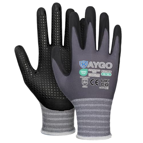 KAYGO 3 Paar Arbeitshandschuhe mit Grip Noppen für Anti-Rutsch Griff, KG19N, Nitril beschichtet Leicht Ölbestandig, Nahtlose Strick Nylon Schutzshandschuhe für Arbeit, Auto, Lager (Grau, XL, Gr 10) von KAYGO