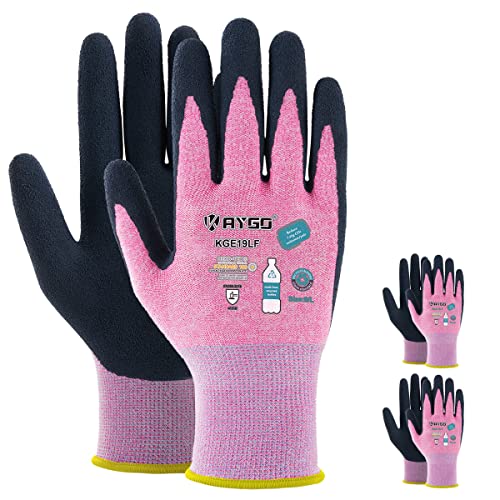 KAYGO 3 Paar Arbeitshandschuhe für Damen Atmungsaktiv Latex Beschichtete Frauen Gartenhandschuhe aus recyceltem Polyester, umweltfreundliche Schutzhandschuhe für Haus- Gartenarbeit (Rosa, S, Gr 7) von KAYGO