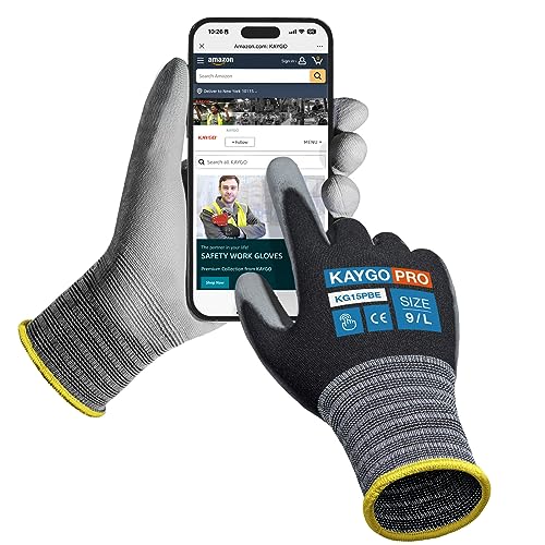 KAYGO 6 Paar Arbeitshandschuhe Dünn Tastsensibel Touchscreen, KG15P, Atmungsaktiv Nylon Liner mit PU Beschichtung, Leichte Schutzhandschuhe für Präzision Feine Arbeit, DIY (Schwarz, L, Gr 9) von KAYGO