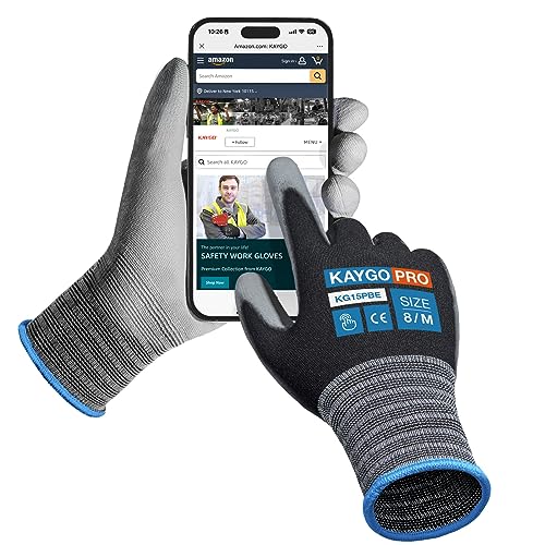 KAYGO 6 Paar Arbeitshandschuhe Dünn Tastsensibel Touchscreen, KG15P, Atmungsaktiv Nylon Liner mit PU Beschichtung, Leichte Schutzhandschuhe für Präzision Feine Arbeit, DIY (Schwarz, M, Gr 8) von KAYGO