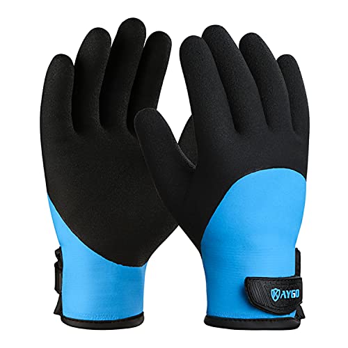 KAYGO Winter Arbeitshandschuhe Wasserdicht Kältebeständig, Doppel Gefüttert, Isolierte Thermo Arbeitshandschuhe mit Latex Beschichtung, Ideal für Kühllager Winter Arbeit (Schwarz Blau, L, Gr 9) von KAYGO