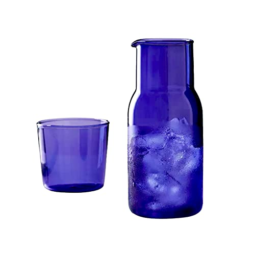 KAYKAI 500 ml Glas-Wasserkrug mit Deckelbecher, Wasserkaraffe und Glas-Set, Eistee-Getränke-Krug, Nachttisch, Glaskaraffe mit Becher für Wohnzimmer, Schlafzimmer, Blau von KAYKAI