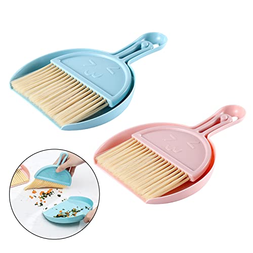 KALUROIL 2 PCS Mini Handfeger und Schaufel Tischbesen Kehrschaufel Set,2in1 Mini Kehrblech und Handfeger Tischbürste Set für Zuhause Büro Schule(Nordisches Blau+Nordeuropäisches Pink) von KALUROIL
