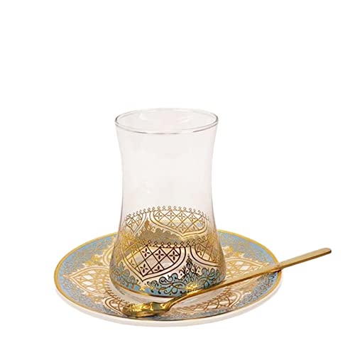 KAYLRE Glas Türkische Tee Gläser Cups Set Saucer mit Löffel Kaffeetasse Romantische exotische Teetasse Blaue Gold Küche Dekoration Trinken Teekanne Glas von KAYLRE